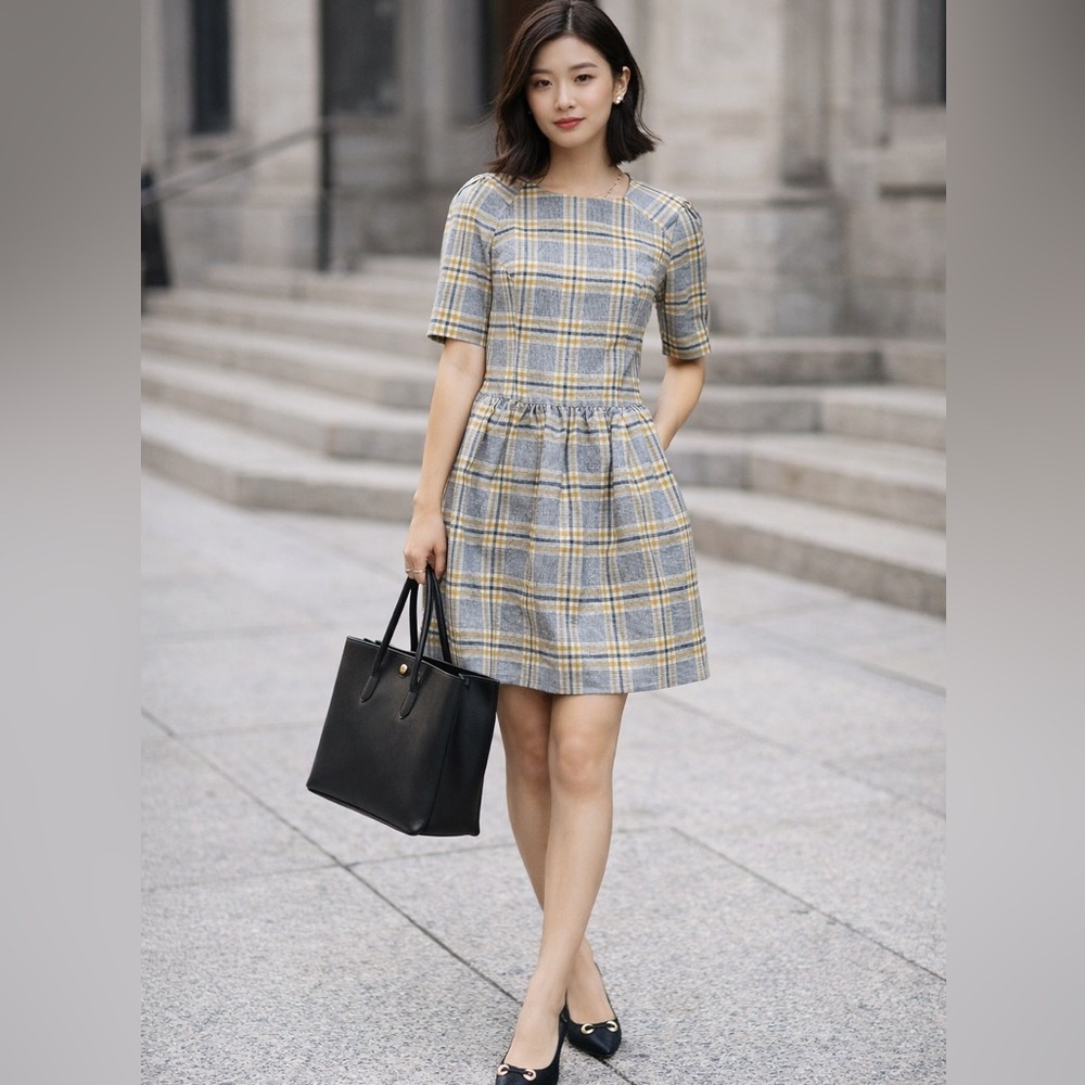 JASON WU Plaid SL Mini A-Line Dress Gray Yellow Zipper Pockets Cotton Silk Sz 4 - Picture 2 of 16